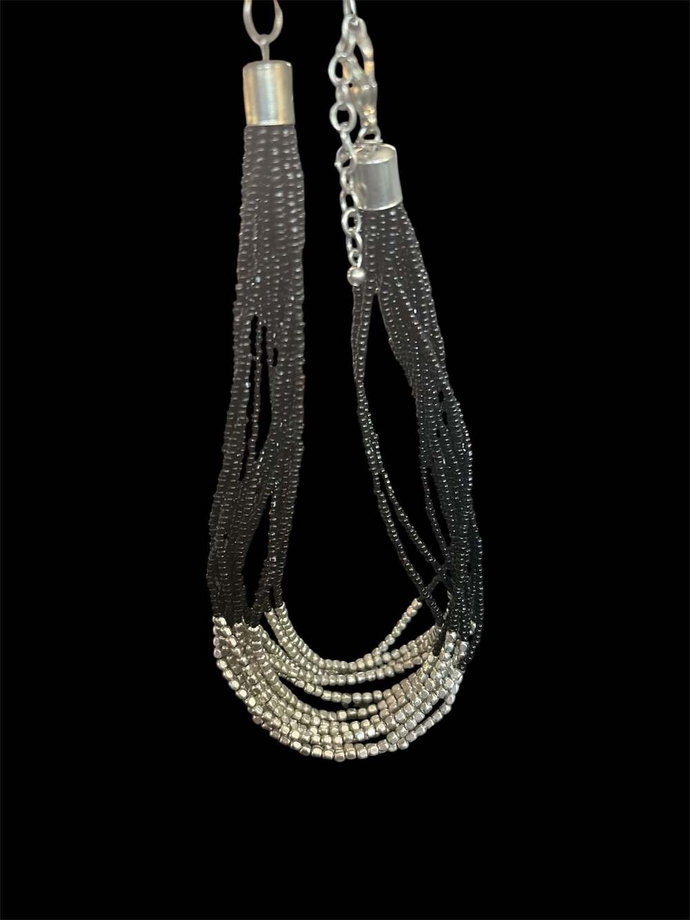 Vintage Multi-Strand Seed Bead Necklace Black and Silver Metallic